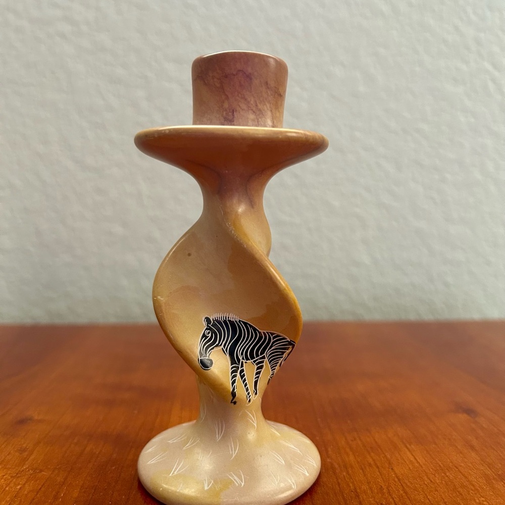 Handcrafted Soapstone Spiral Taper Candleholder Zebra Design Made in Kenya